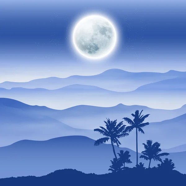 Background with fullmoon, palm tree and mountains in the fog — Stock Vector