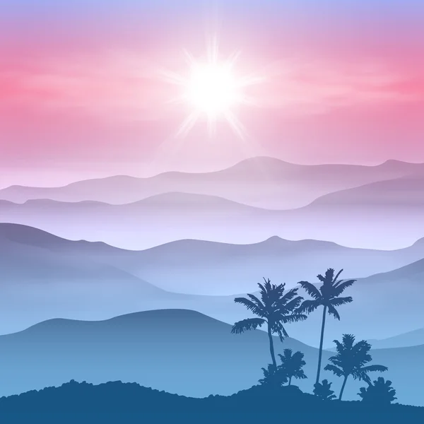 Background with palm tree and mountains in the fog — Stock Vector