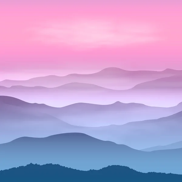 Fond avec des montagnes dans le brouillard. Heure du coucher du soleil . — Image vectorielle