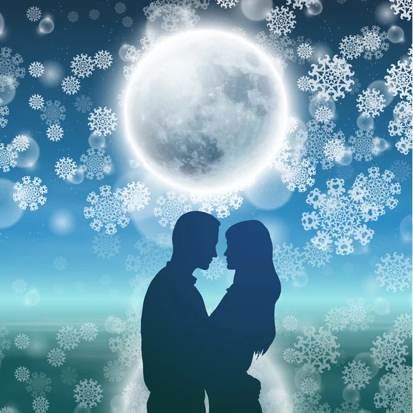 Coppia su sfondo con luna e fiocchi di neve — Vettoriale Stock