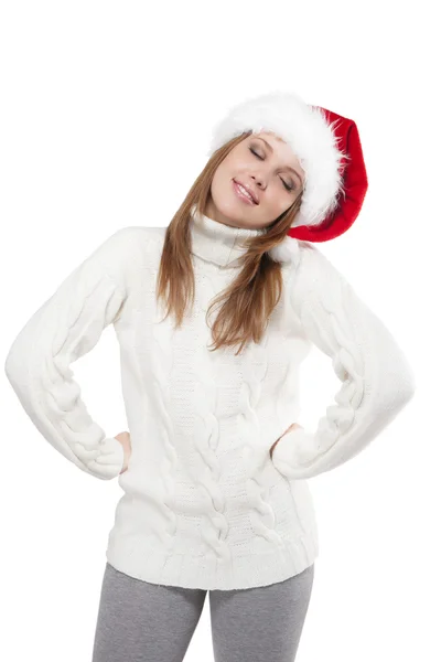 Beyaz arka plan üzerinde izole Noel Baba şapkası düşünceli kadında — Stok fotoğraf