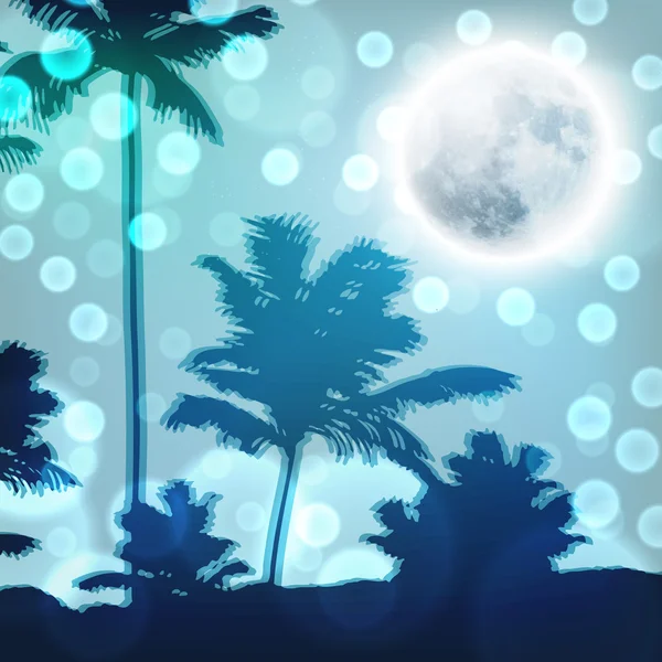 Paisagem com palmeiras e lua cheia à noite — Vetor de Stock