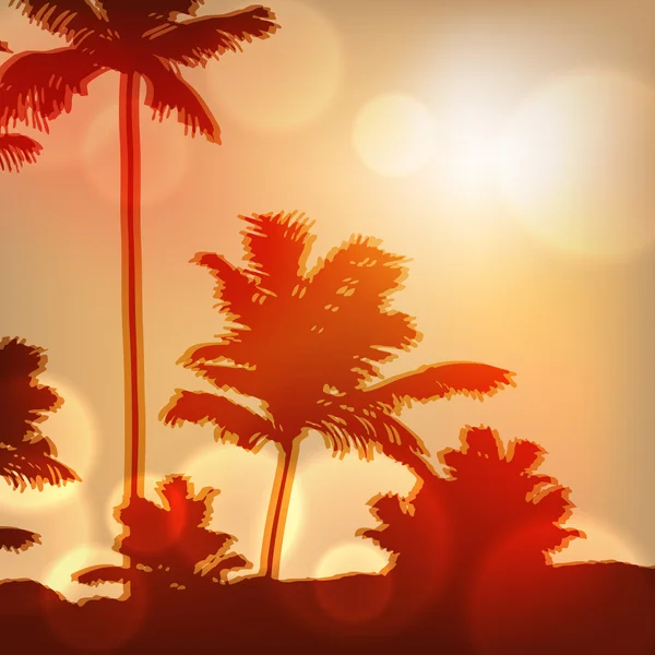 Morze zachód słońca z wyspy i palmy — Wektor stockowy