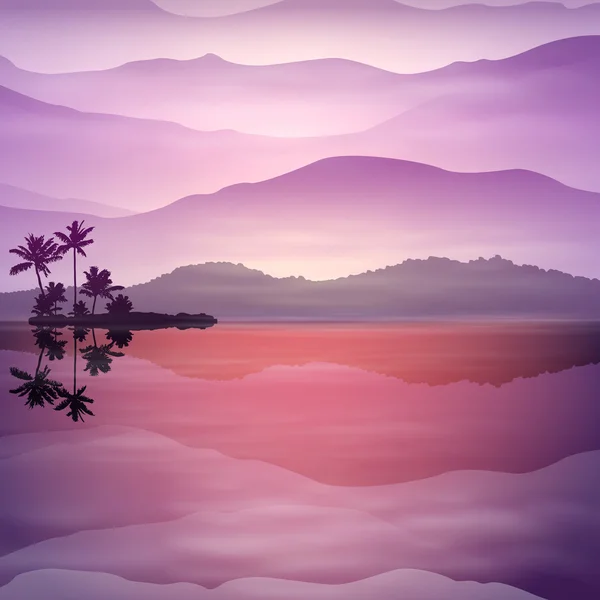 Фіолетовий фон з морем і пальмами — стоковий вектор