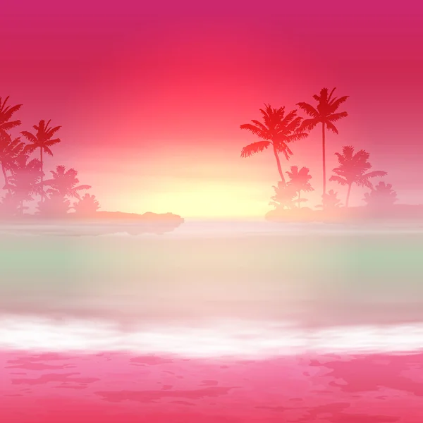 Fondo con mar y palmeras. Tiempo de puesta del sol . — Archivo Imágenes Vectoriales