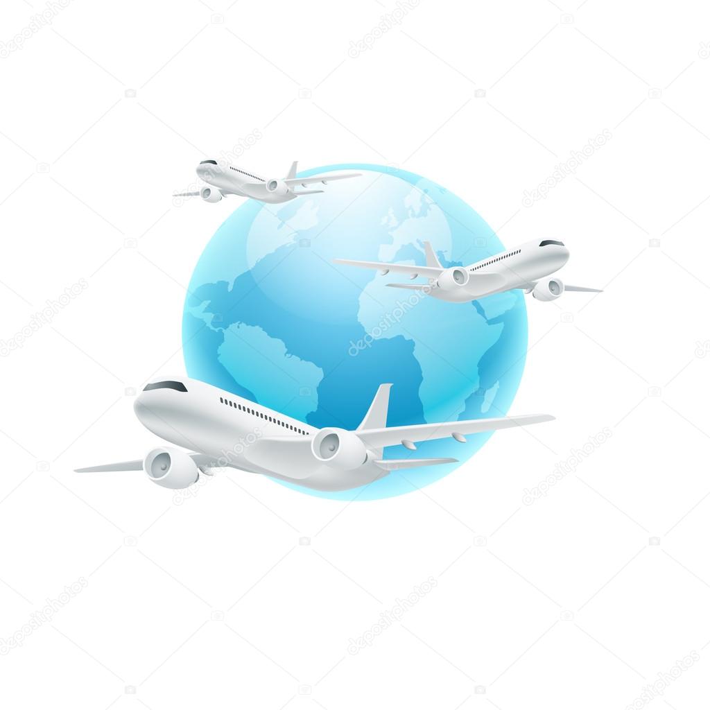 Airplanes with the globe isolated on white
