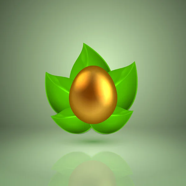 Conjunto de ovo dourado em folhas verdes — Vetor de Stock