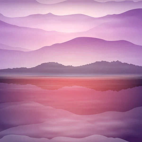 海と山の背景。日の入り時刻. — ストックベクタ