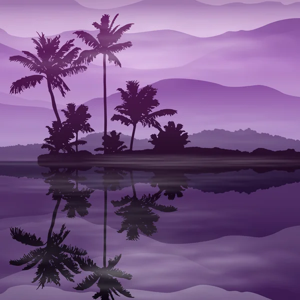 Fond violet avec mer et palmiers — Image vectorielle