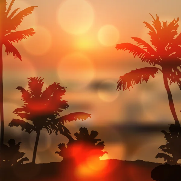 Puesta de sol de mar con isla y palmeras — Vector de stock