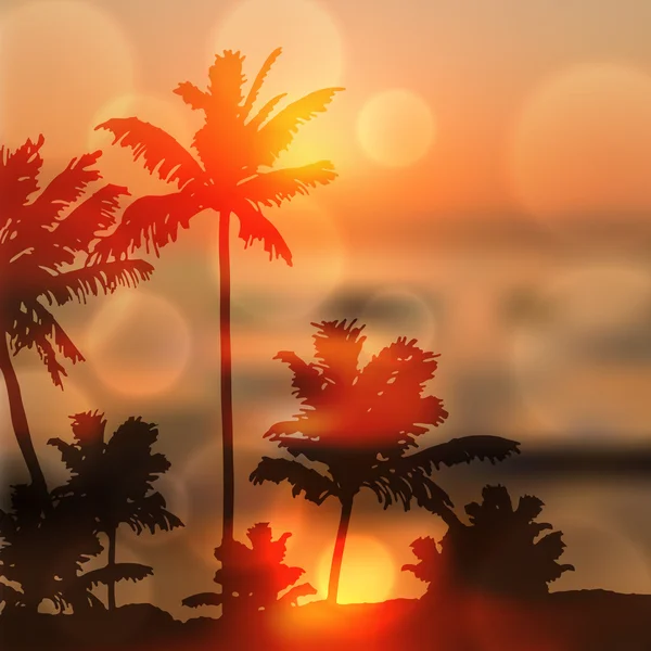 Puesta de sol de mar con isla y palmeras — Vector de stock