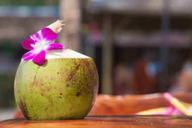 Taze yeşil hindistan cevizli egzotik bir yaz kokteyli ve tropikal arka planda renkli bir çiçek.