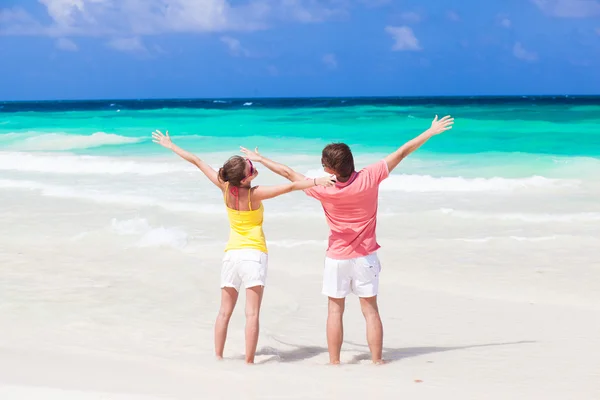 Vista trasera de la pareja saludando las manos en la playa tropical — Foto de Stock