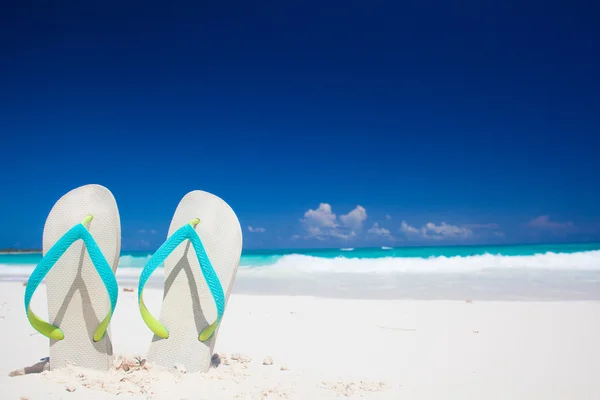 Chanclas brillantes sobre un fondo de balneario tropical — Foto de Stock