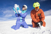 Картина, постер, плакат, фотообои "picture of two snowboarders having fun on the top of dolomiti alps", артикул 90879448