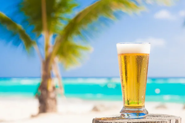 Glas kühles Bier auf Tisch in Strandnähe — Stockfoto