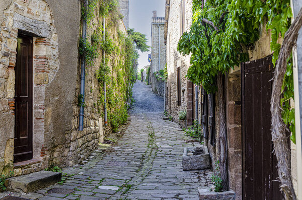 Typical cobbled alley of the medieval town of Cordes Sur Ciel. central france.
