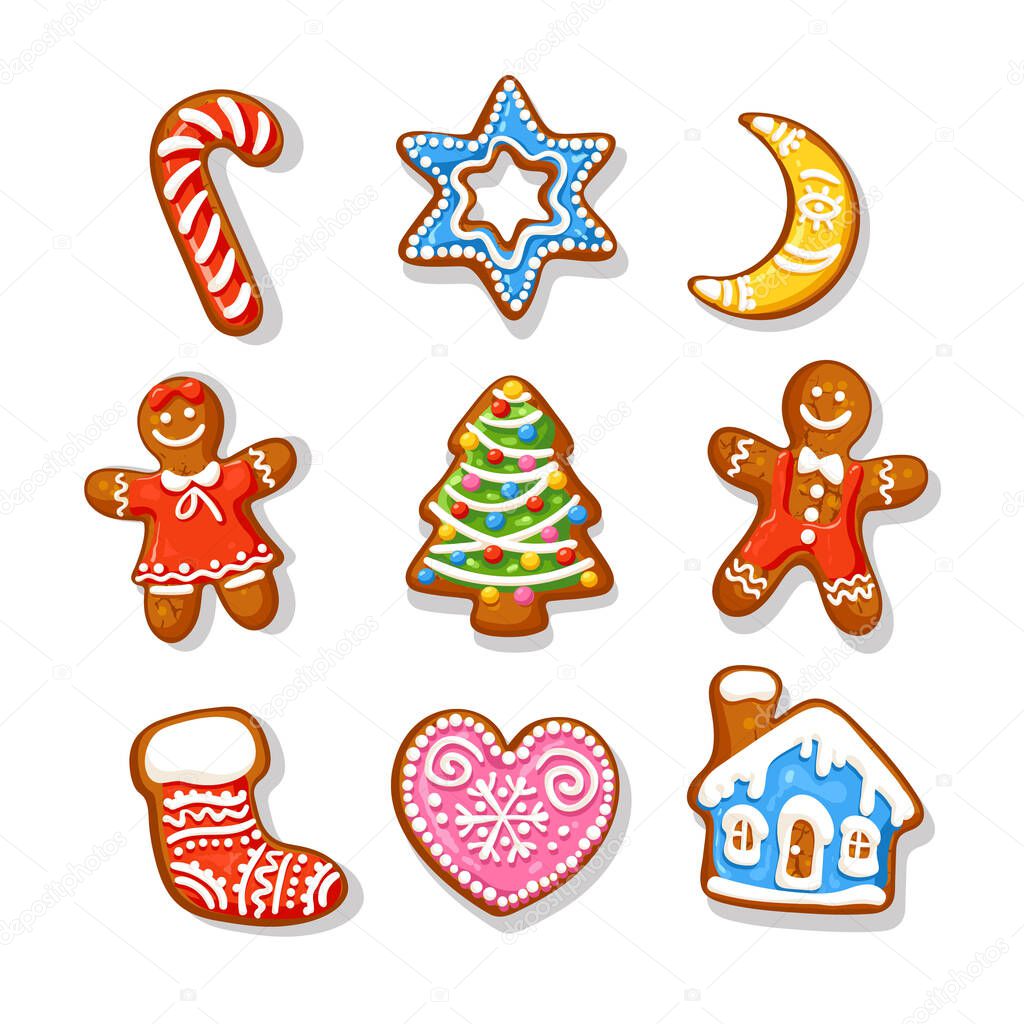 Set of Christmas and New Year gingerbread cookies. Traditional sugar coated cookies. Cartoon hand drawn vector illustration isolated on white background.