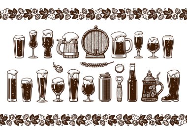 Çeşitli bira bardakları ve kupalar. Kusursuz sınır. Beyaz arkaplanda el çizimi stili vektör çizimi izole edilmiş. Bira fabrikası, bira festivali, bar, bar dekorasyonu için tasarım malzemeleri.