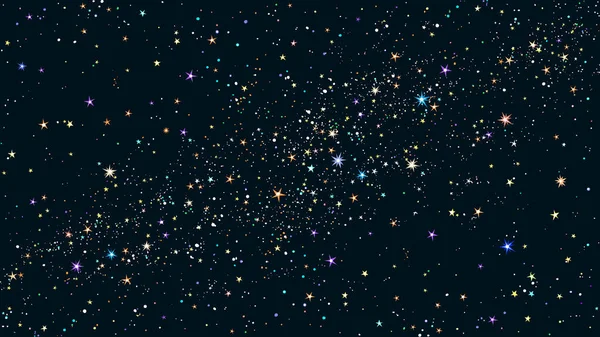 Horizontal estrellado cielo nocturno fondo. Estrellas brillantes y coloridas. Espacio y constelaciones. Ilustración vectorial. — Vector de stock