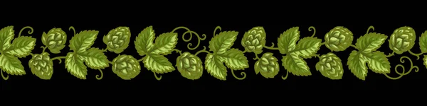 Hop ramas con conos y hojas borde sin costuras. Cervecería, festival de la cerveza, bar, elementos de diseño en estilo grabado vintage. Ilustración vectorial dibujada a mano aislada sobre fondo negro. — Archivo Imágenes Vectoriales