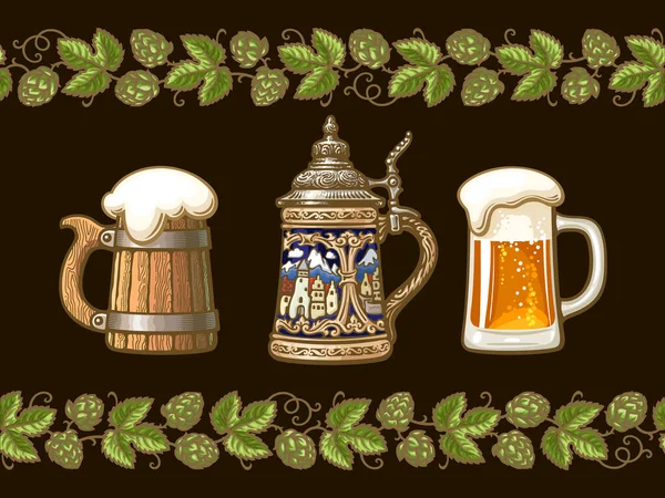 Vintage πολύχρωμες κούπες μπύρας πλαισιωμένες από κλαδιά λυκίσκου. Παλιά ξύλινη κούπα. Παραδοσιακό γερμανικό στυλ. Γυάλινη κούπα με αφρό. Χειροκίνητη διανυσματική απεικόνιση απομονωμένη σε σκοτεινό φόντο. — Διανυσματικό Αρχείο