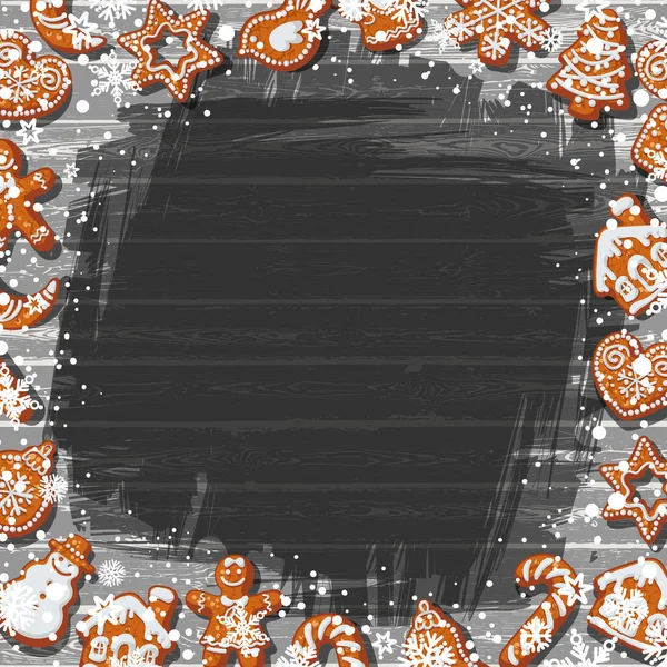 크리스마스나 새해 배경에는 집에서 만든 진저브레드 쿠키가 밀가루와 눈이 쌓여 있다. 문자를 위한 장소. 카툰 손으로 그린 벡터 일러스트. — 스톡 벡터
