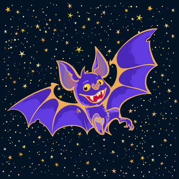 Desenhos animados Halloween vampiro morcego no céu estrelado noite fundo. Cartaz de Halloween, ou modelo de design de convite. Mão afogar ilustração. —  Vetores de Stock