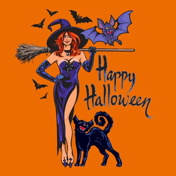 Halloween bella strega sexy tenendo manico di scopa, gatto nero e pipistrelli. Illustrazione vettoriale in stile cartone animato su sfondo arancione. — Vettoriale Stock