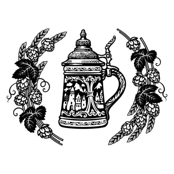 Γερμανική κούπα μπύρας stein στο πλαίσιο του λυκίσκου κλαδιά με κώνους και φύλλα, σιτάρι αυτιά κριθαριού. Χειροποίητη διανυσματική απεικόνιση σε λευκό φόντο. — Διανυσματικό Αρχείο