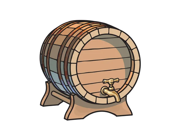 Παλιά ξύλινη κάννη με βρύση στο περίπτερο τρία τέταρτα θέα. Μπύρα, κρασί, ρούμι ουίσκι παραδοσιακό βαρέλι σε στυλ κινουμένων σχεδίων. Χειροκίνητη διανυσματική απεικόνιση. — Διανυσματικό Αρχείο