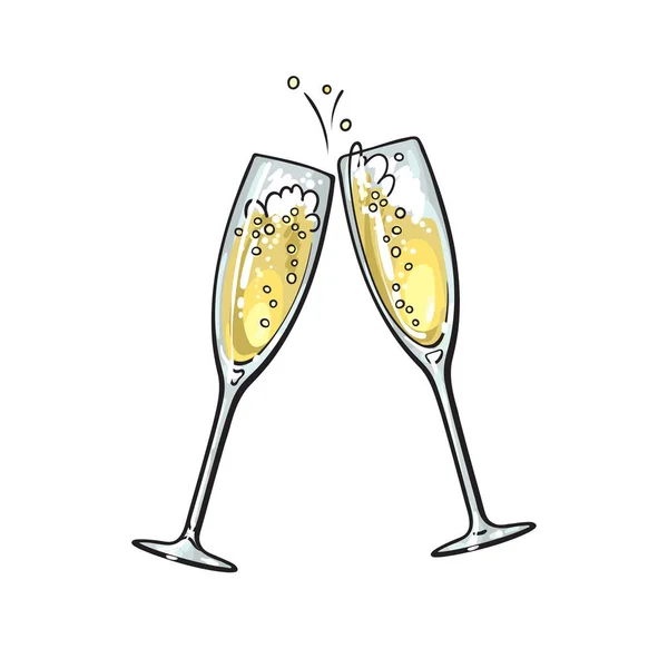 Skizze von zwei prickelnden Gläsern Champagner. Frohe Weihnachten, Frohes Neues Jahr und Valentinstag Designelement. Handgezeichnete Vektorillustration. — Stockvektor