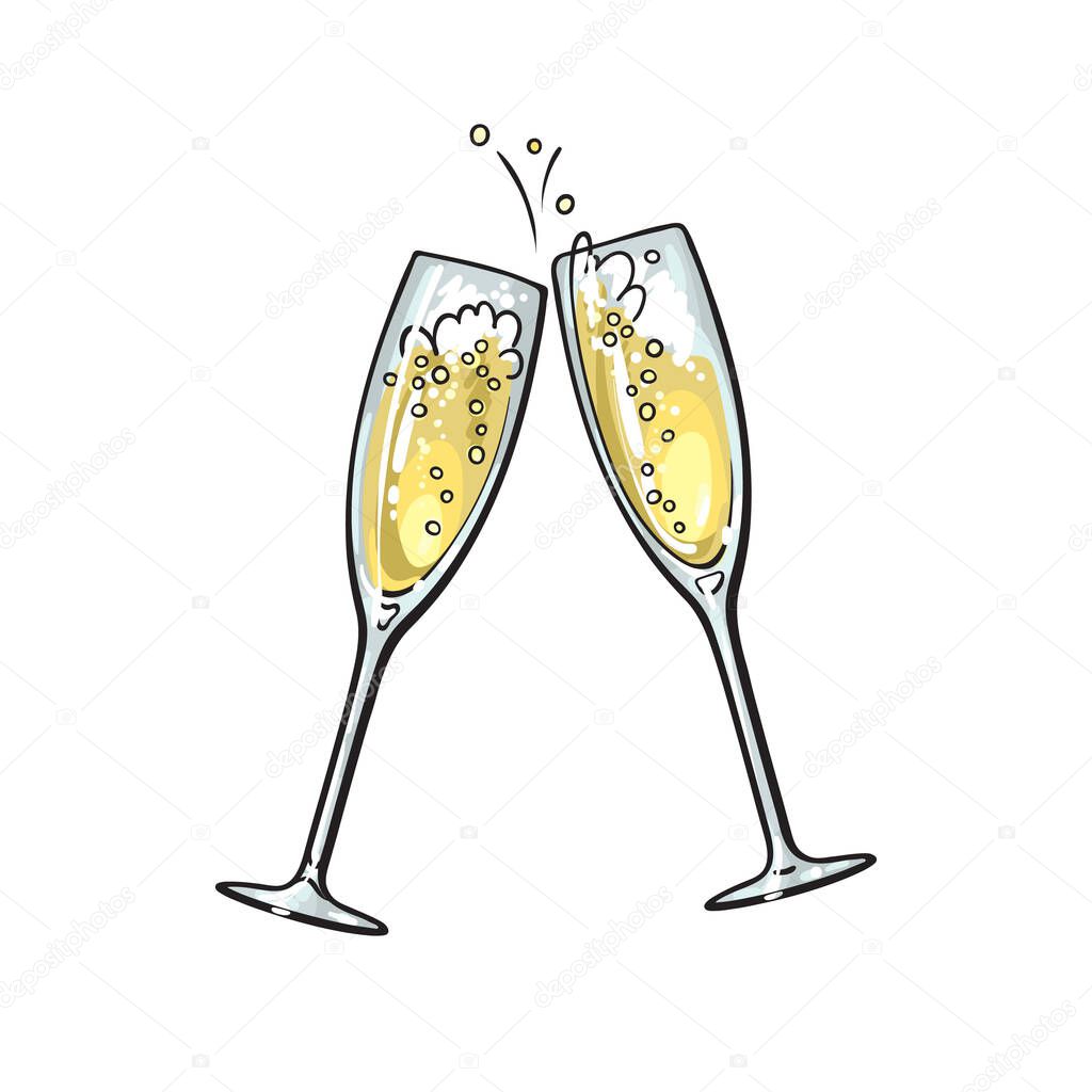 Sketch of two sparkling glasses of champagne. Merry Christmas, Happy New Year and Valentines Day design element. Hand drawn vector illustration.