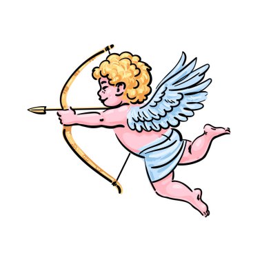 Aşk tanrısı çizgi film tarzında ok ve yay nişan alıyor. Sevgililer Günü aşk sembolü. El çizimi vektör illüstrasyonu.