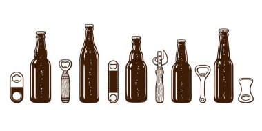 El yapımı bira şişeleri ve açacakları. Bira nesneleri koleksiyonu. Tek renkli vektör çizimi beyaz arkaplanda izole edildi.