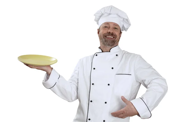 Chef con un tazón amarillo en la mano y una gran sonrisa —  Fotos de Stock