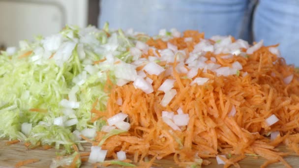 Calabacín y zanahorias en un rallador para moler — Vídeo de stock