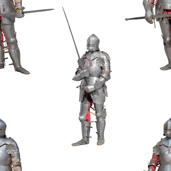 白い背景に光沢のある金属鎧の騎士 シームレスなパターン — ストック写真