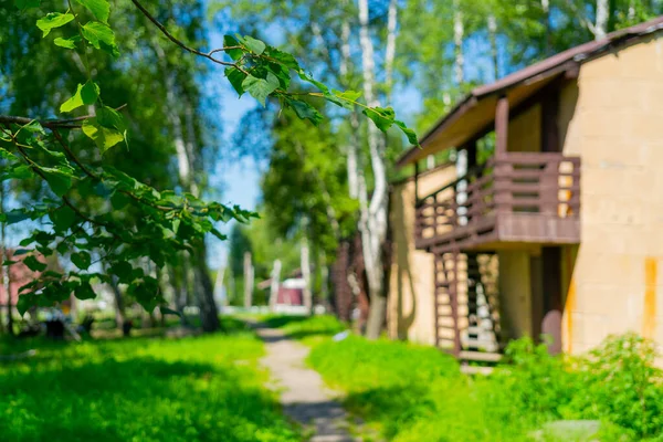 Létě Útulné Domy Mezi Zelenými Stromy Oblast Parku — Stock fotografie