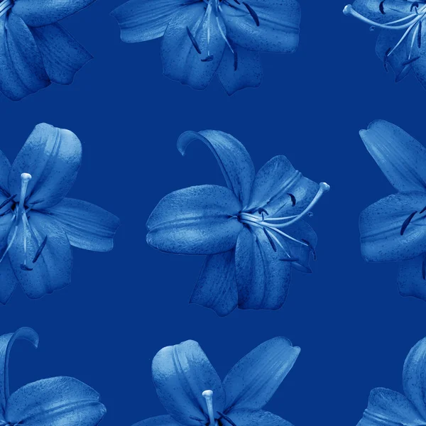 Beautiful flowers blue; lilies. Seamless pattern of Lily flower bloom. Floral natural background.