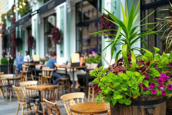 夏天街上咖啡馆的内部 城市里阳光灿烂的一天 图库图片