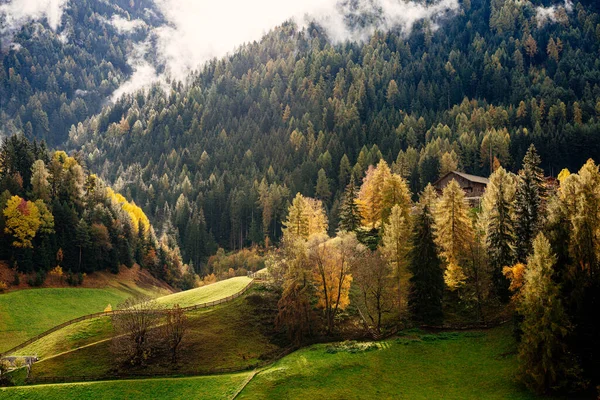 Funes Valley, Trentino, Itália. Paisagem de outono com cores de outono. — Fotografia de Stock