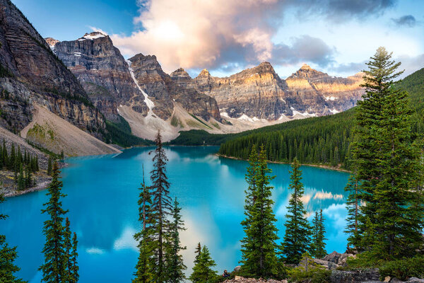 Moraine lake at sunrise, Banff. Canadian Rockies, Alberta, Canada