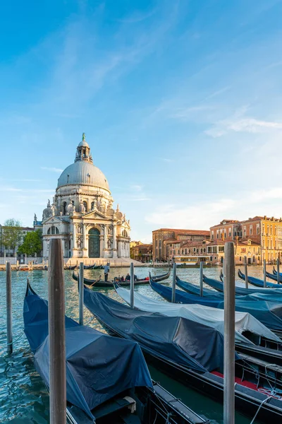 Gondolas και Santa Maria della Χαιρετισμός διάσημη εκκλησία, Βενετία, Ιταλία — Φωτογραφία Αρχείου