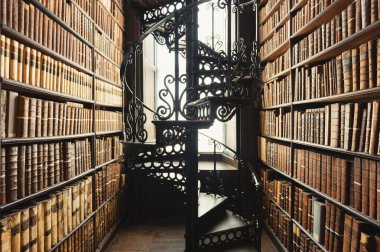 Eski kitaplarla dolu uzun kitaplıkların ve pencere ışığıyla aydınlatılan süslü demirden sarmal merdivenlerin yer aldığı tarihi bir kütüphanenin iç görünümü.
