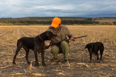 Silahlı bir sülün avcısı ve dramatik bir günbatımının arka planında köpekler..