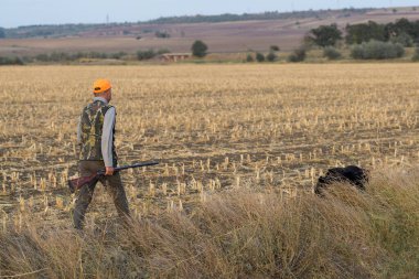 Av tüfeğiyle çayırda yürüyen sülün avcısı..