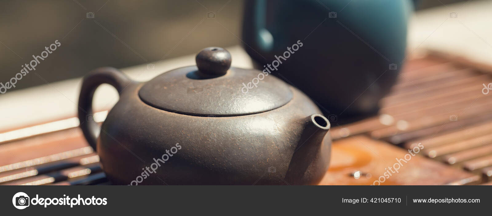 Chinese Tea Ceremony Ceramic Teapot Made Clay Bowls Wooden Background Stock Photo by