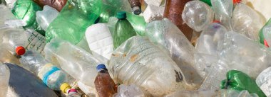 Çöp sahasında plastik torbalar ve şişeler. İzinsiz çöp salınımı, doğanın kirliliği. Çevre felaketi kavramı.