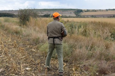 Av tüfeğiyle çayırda yürüyen sülün avcısı..